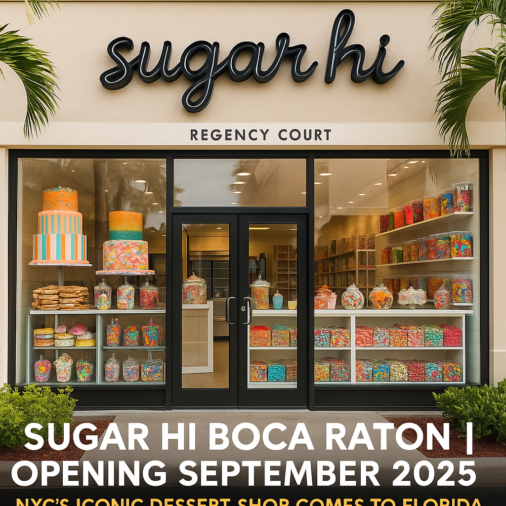 Sugar Hi dessert shop exterior at Regency Court Boca Raton with colorful cakes, cookies, and candies on display, opening September 2025.